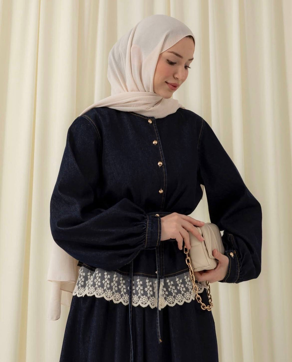 Denim Lace Trim Skirt Set