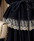Denim Lace Trim Skirt Set