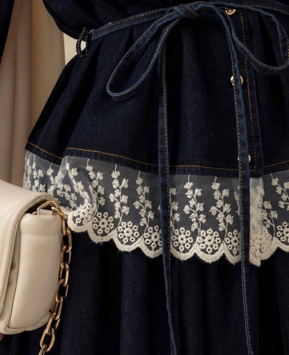 Denim Lace Trim Skirt Set