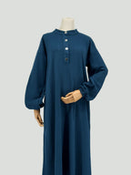 long blue ribbed matching set on a mannequin against a white background