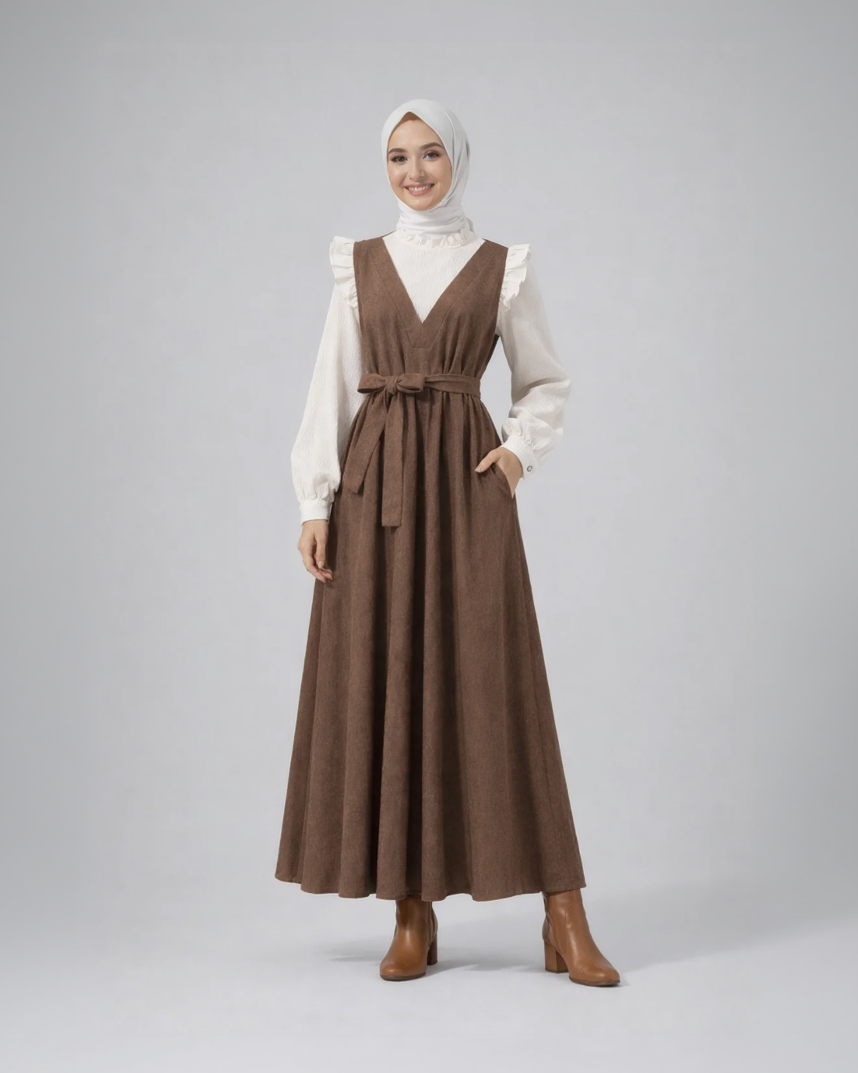Woman wearing a brown dress with a white blouse on a gray background