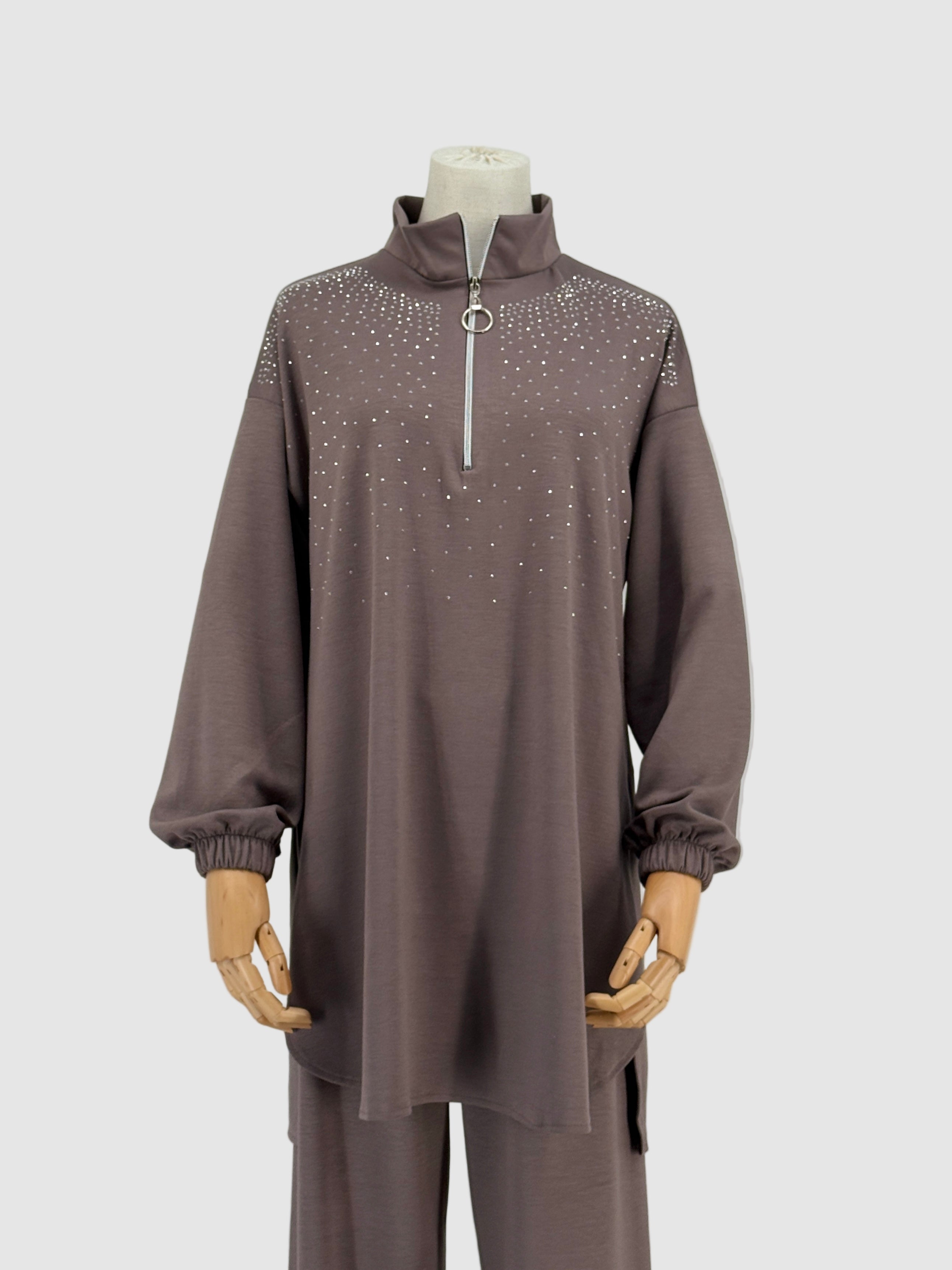 Mocha matching set with rhinestones on a mannequin against a white background