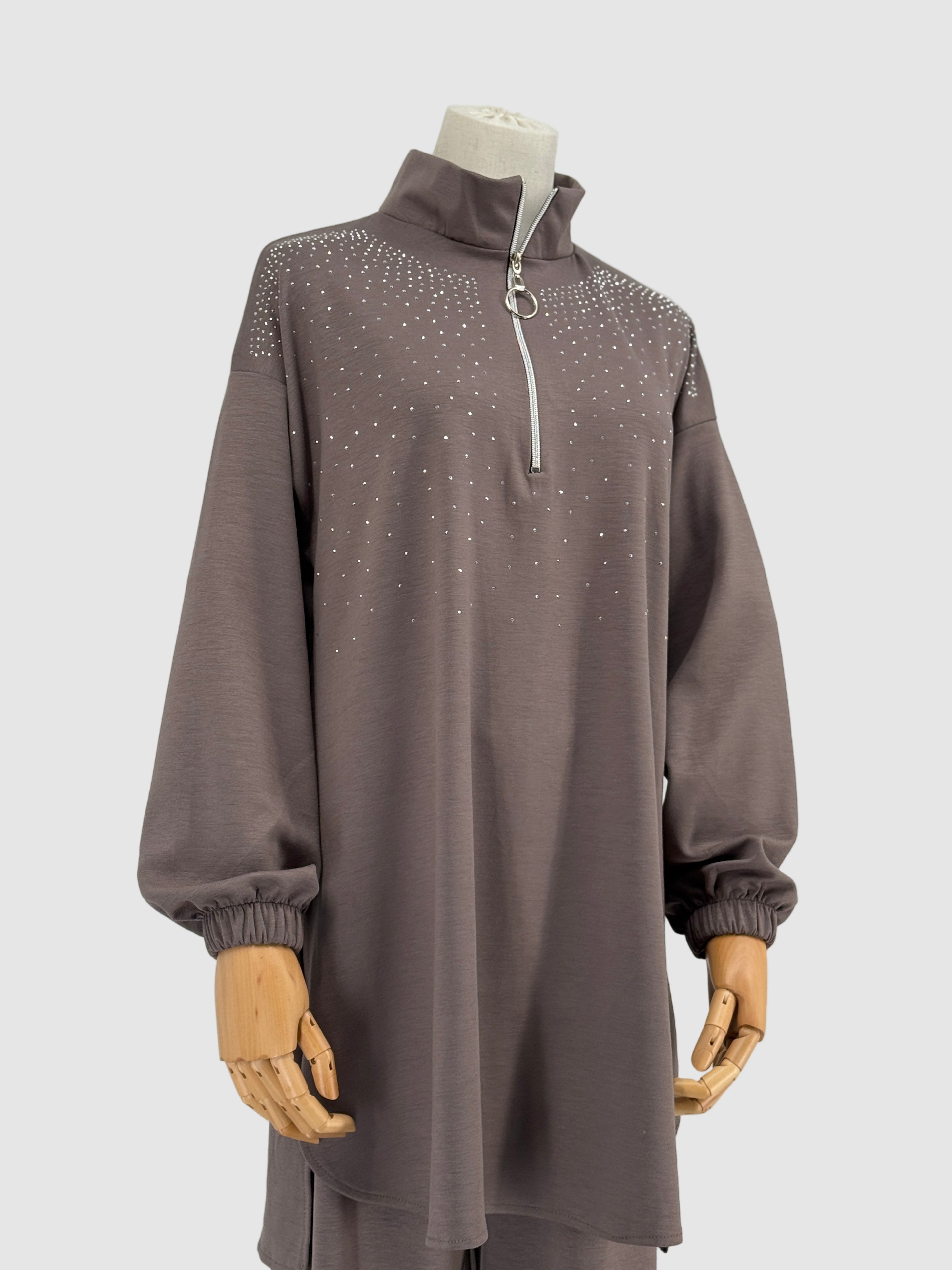 Mocha matching set with rhinestones on a mannequin against a white background