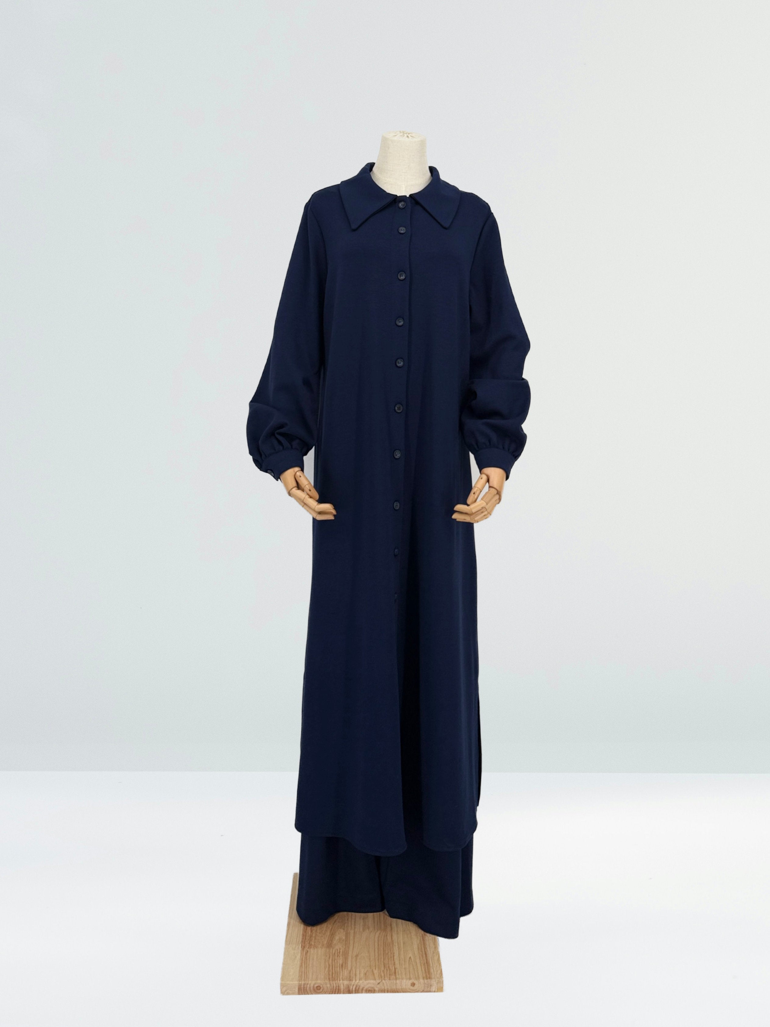 Navy long matching set on a mannequin against a white background