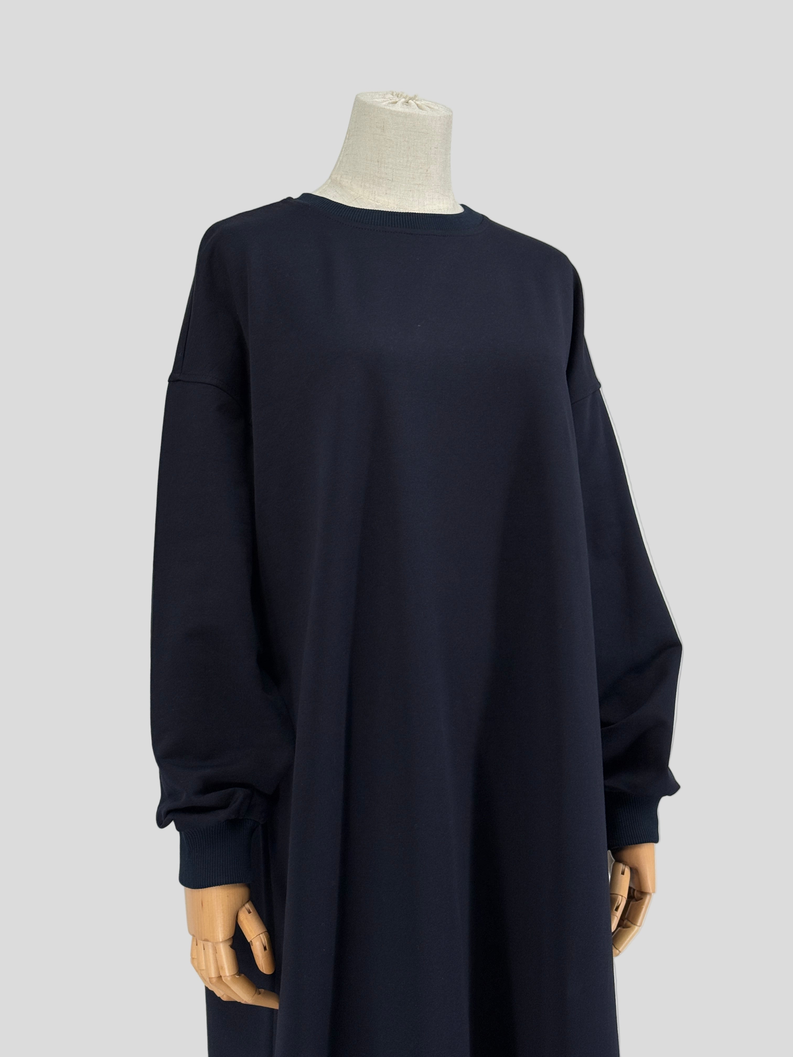 navy blue long-sleeve tunic on a mannequin against a white background