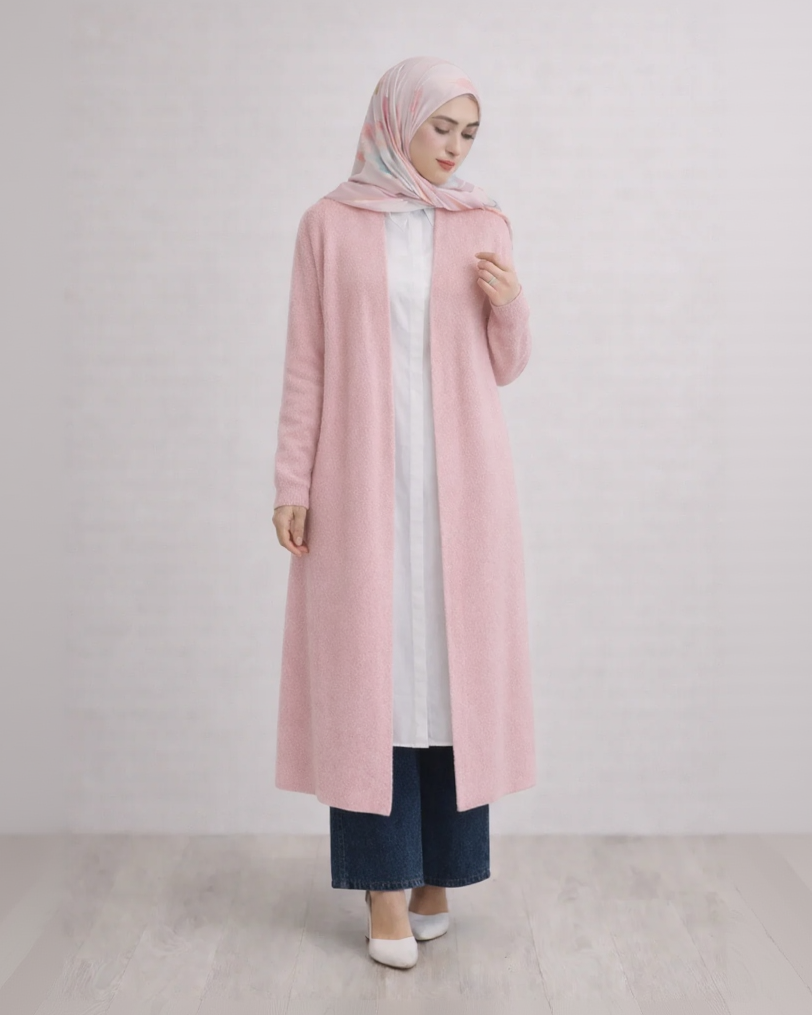 Woman wearing a long pink cardigan over a white top and blue pants, with a pink hijab, on a light gray background.