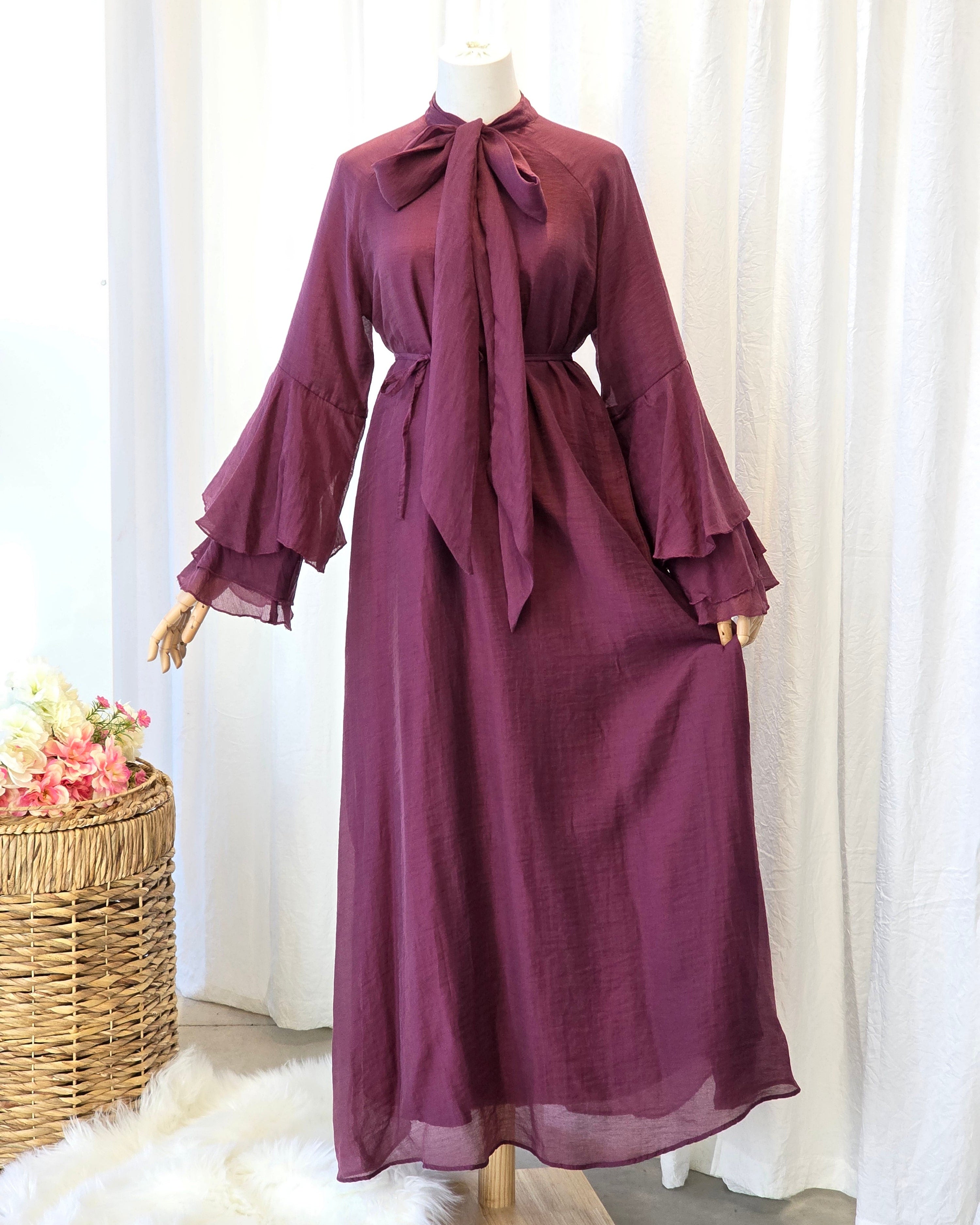 Elegant Tie-Neck Maxi Dress – Modest Ruffle Sleeve Burgundy Dress – Lilia Modest Wear