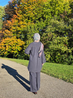   Back view of Ayla two-piece set showing
the long tunic and wide-leg trousers.