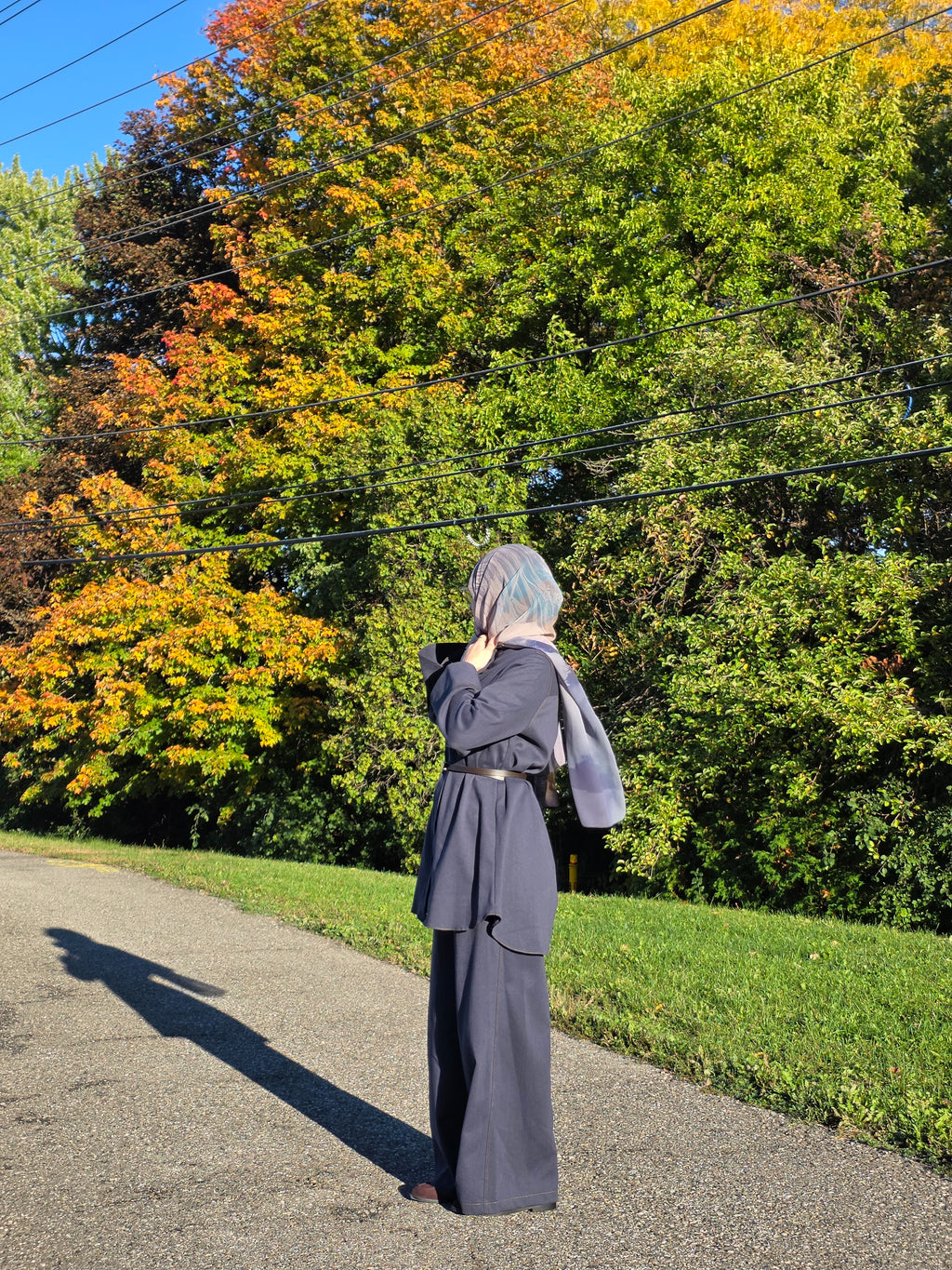  Side view of Ayla Dusty Navy denim lycra
set showing the relaxed modest silhouette.