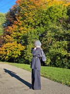  Side view of Ayla Dusty Navy denim lycra
set showing the relaxed modest silhouette.