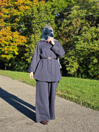 Model wearing Ayla Dusty Navy modest two-piece set with a long tunic and wide-leg pants.