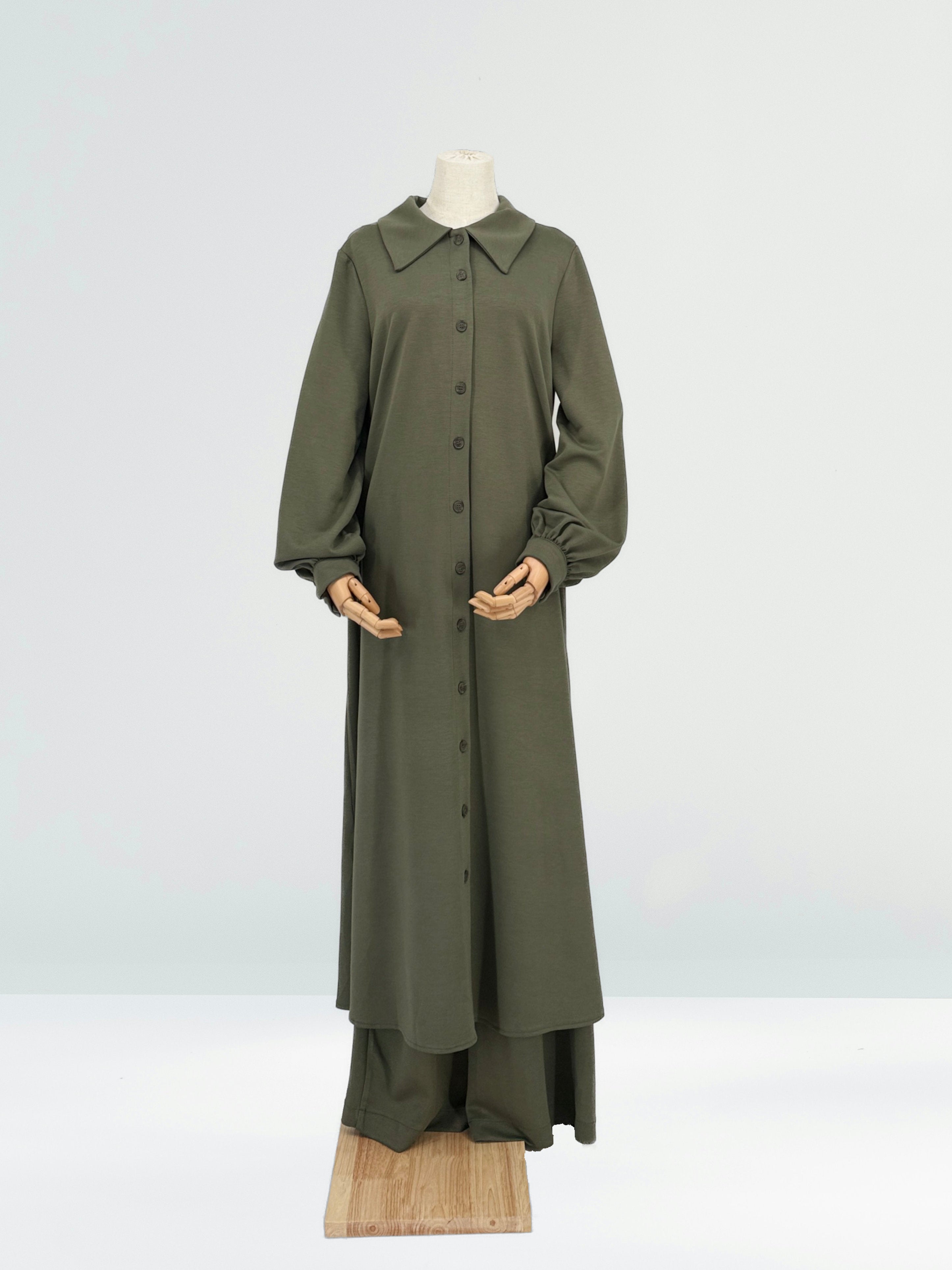 sage green long matching set on a mannequin against a white background