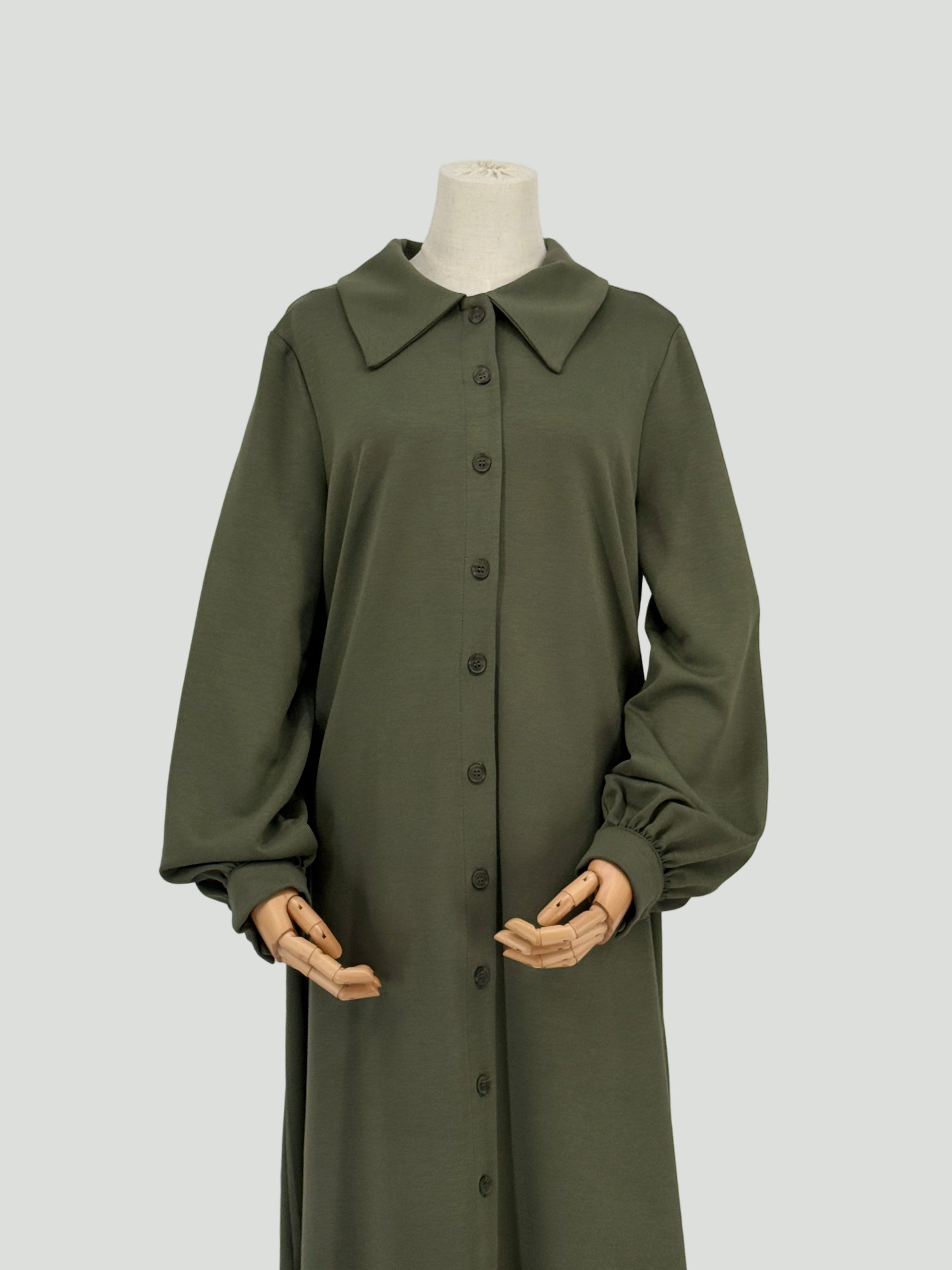 sage green long matching set on a mannequin against a white background