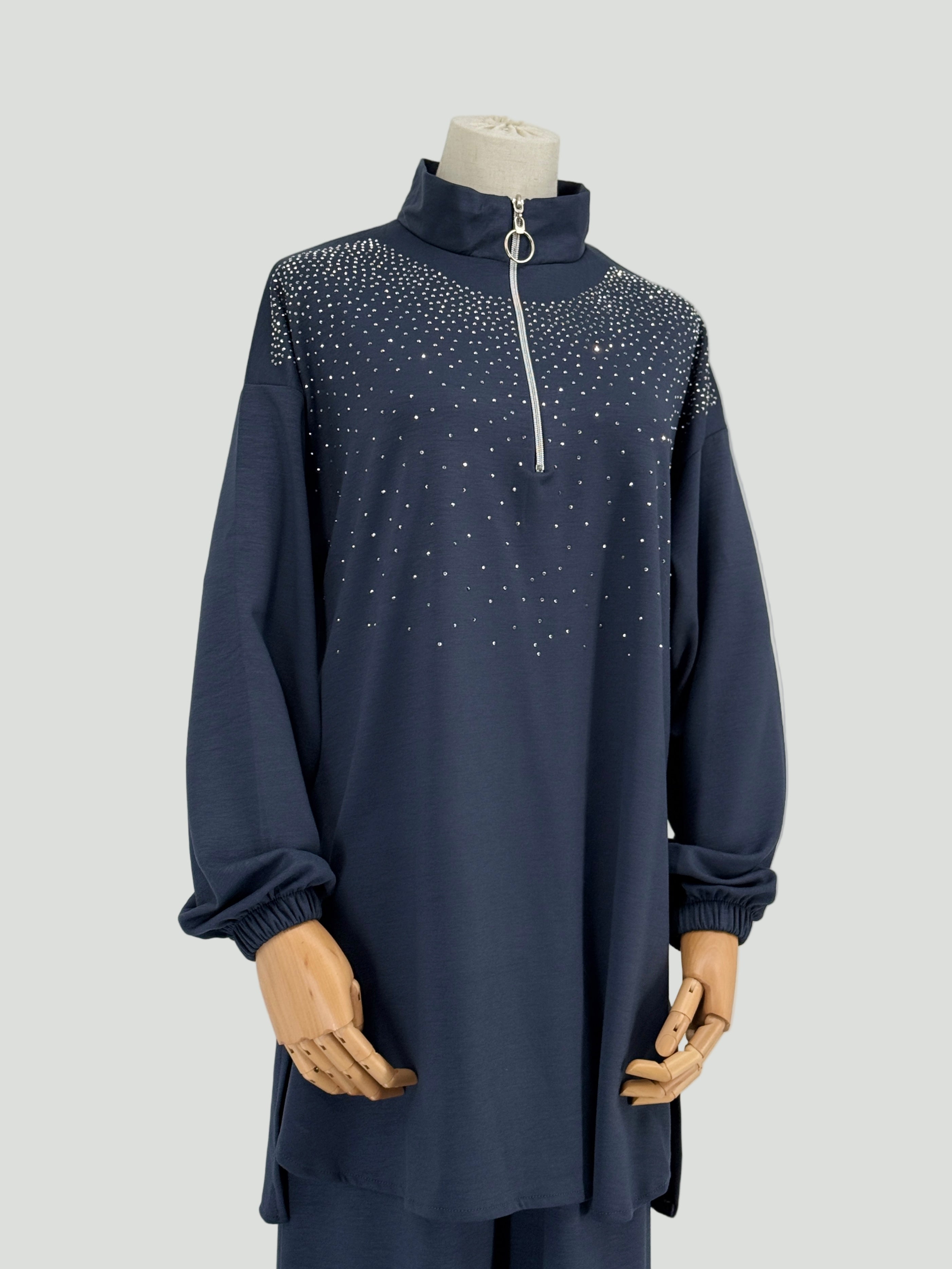 slate blue matching set with rhinestones on a mannequin against a white background